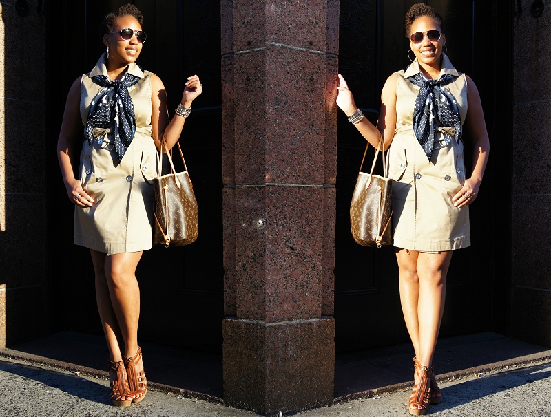 Michael Kors trench dress, trench dress, double-breasted dress, silk scarf, h&m scarf, horse print scarf, equestrian scarf, gladiator wedges, wedge sandals, cynthia vincent shoes, cynthia vincent wedges, outfit of the day, ootd, ootd blogger, fashion blog, fashion blog on wordpress, personal style, what to wear to work, work outfit ideas
