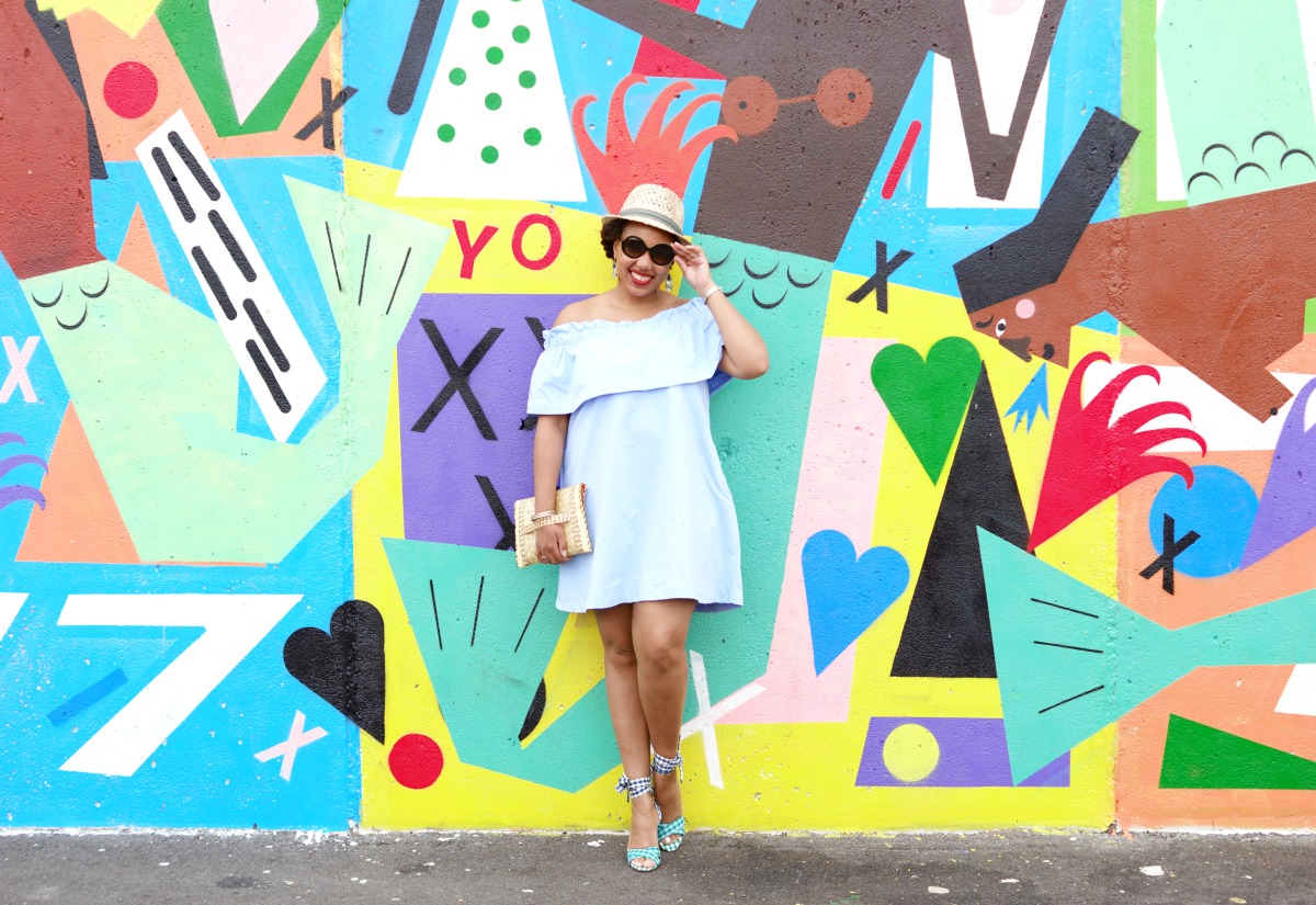 H&M Off-the-shoulder Dress, Gingham Sandals, Coney Island Murals, NYC Street Art, Instagram Wall, NYC Fashion Blogger