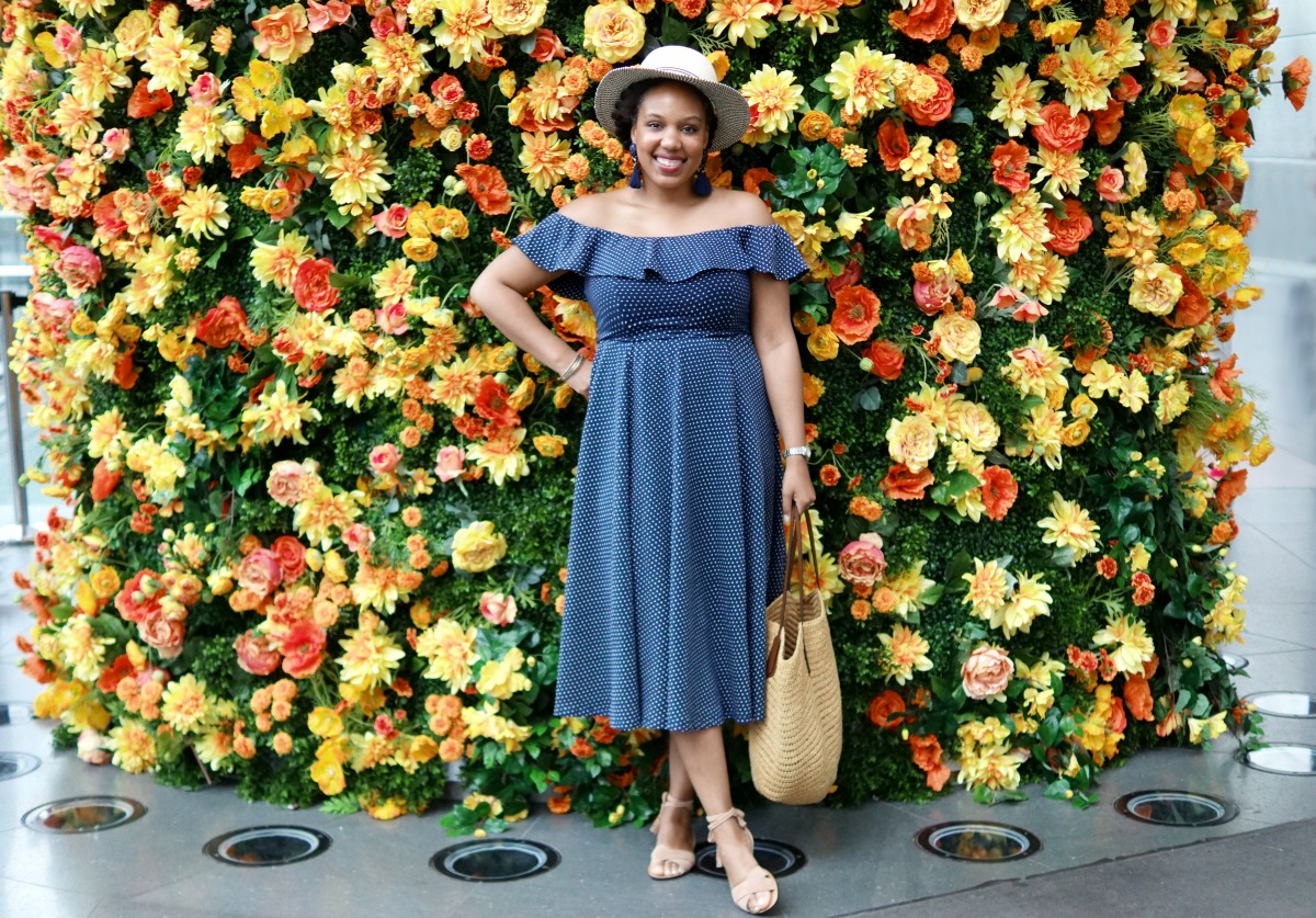H&M Polka Dot Dress, Off-the-Shoulder Midi Dress, NYC Fashion Blogger, How to Wear Polka Dots