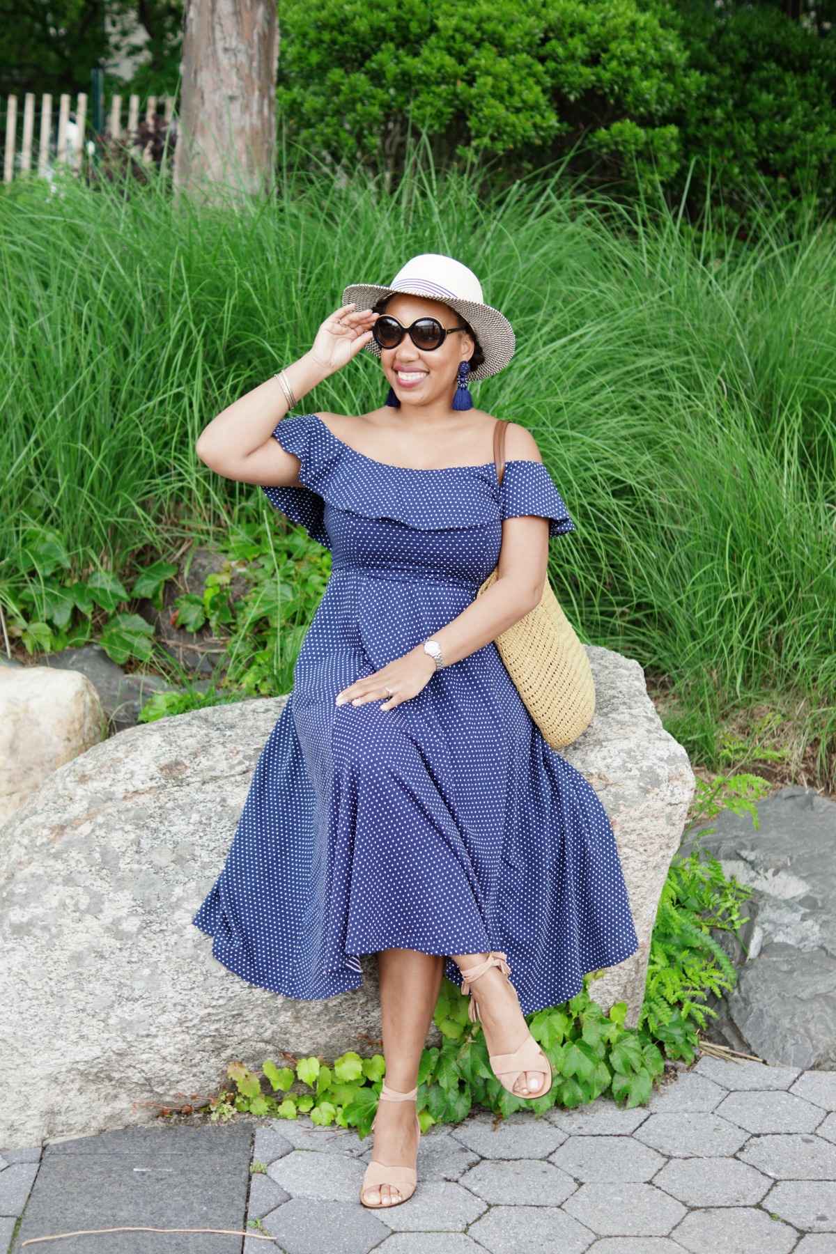 H&M Polka Dot Dress, Off-the-Shoulder Midi Dress, NYC Fashion Blogger, How to Wear Polka Dots