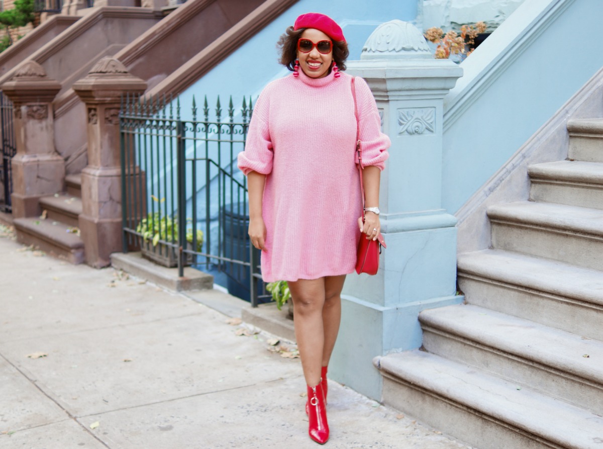 Pink & Red, Sweater Dress, how to wear pink and red, nyc fashion blogger, closet confections, red ankle boots