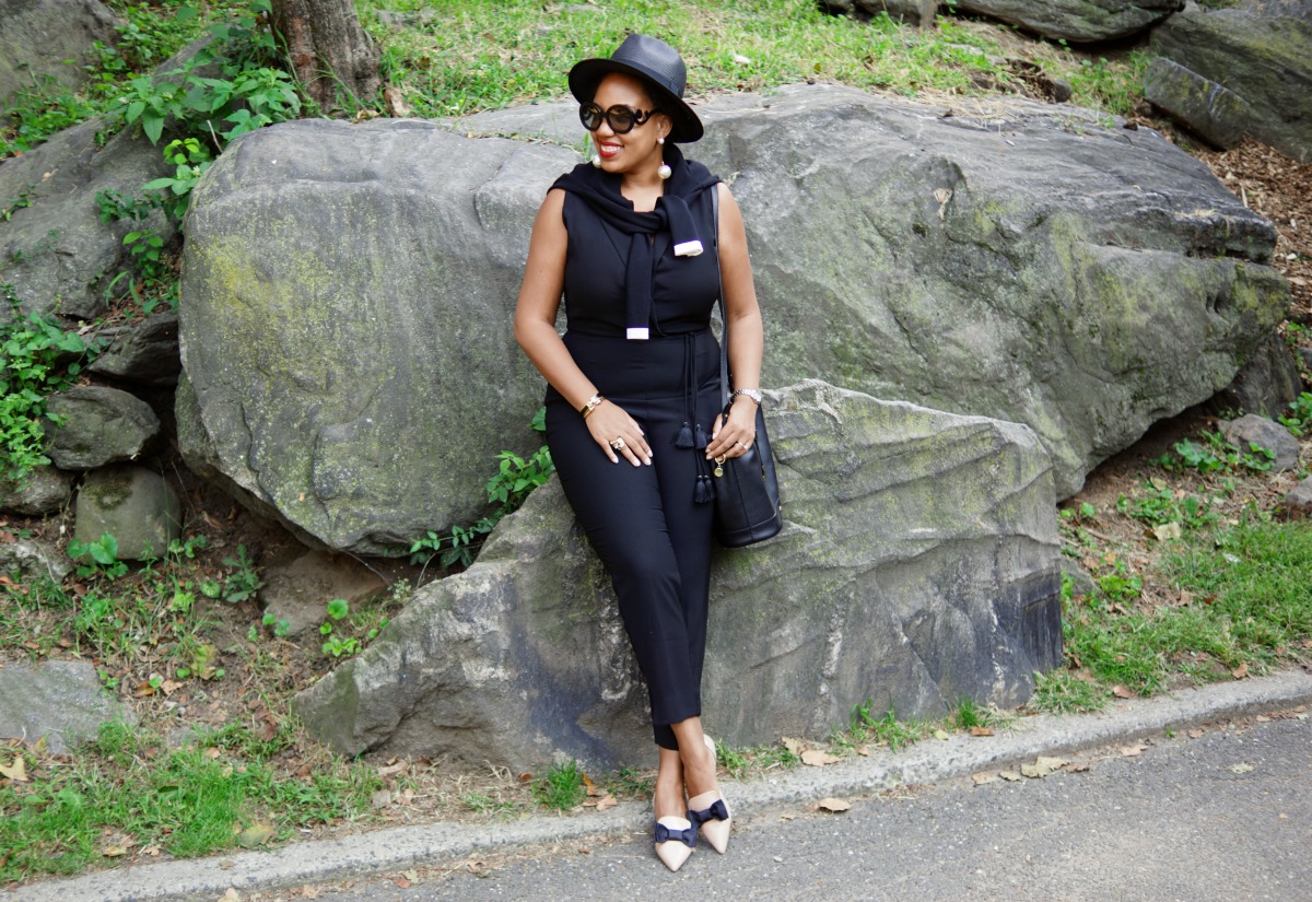 Black jumpsuit outlet with cardigan