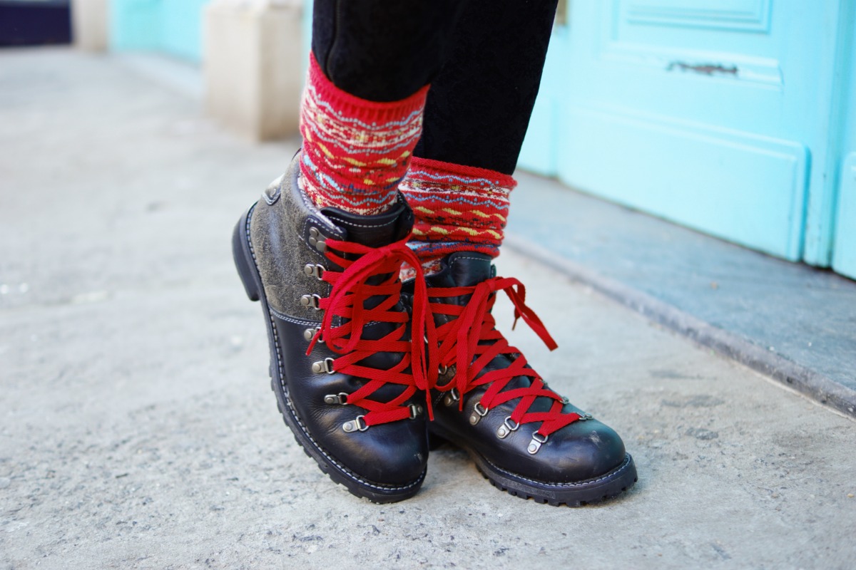 Hiking Boots, Red Shoelaces, Woolrich. Sweater Socks, Fair Isle Socks