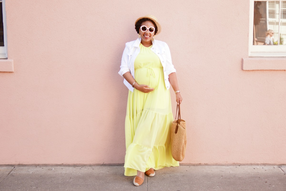 H&M Maternity, Maternity Fashion, Yellow Chiffon Maxi Dress, Second Trimester Fashion, Charleston Fashion, Babymoon Outfit Ideas, What to Wear in Charleston
