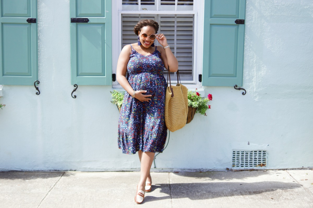 Old Navy Maternity, Maternity Fashion, Floral Midi Dress, Second Trimester Fashion, Charleston Fashion, Babymoon Outfit Ideas, What to Wear in Charleston